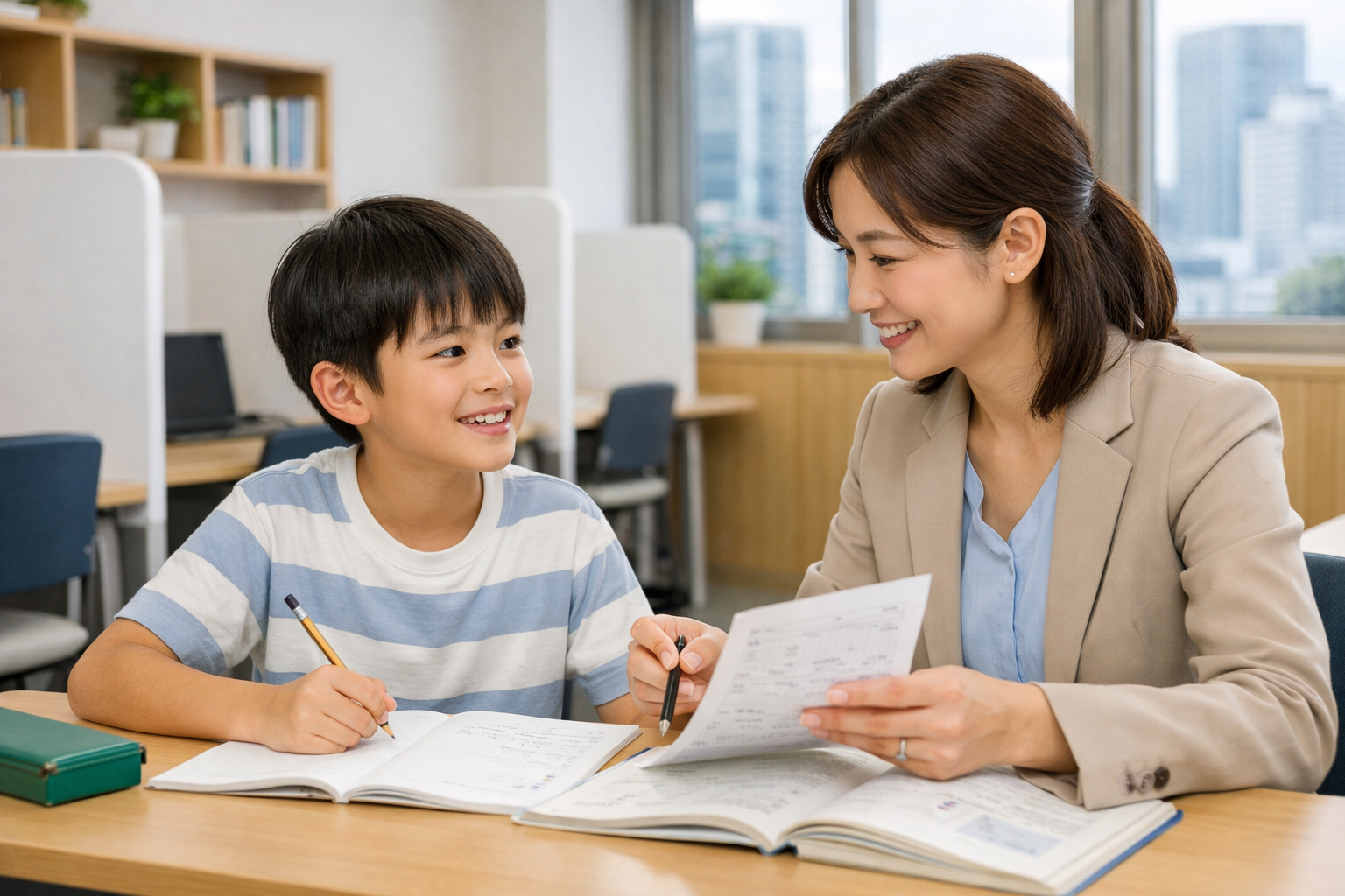小学生がやわらかい表情で学ぶ様子