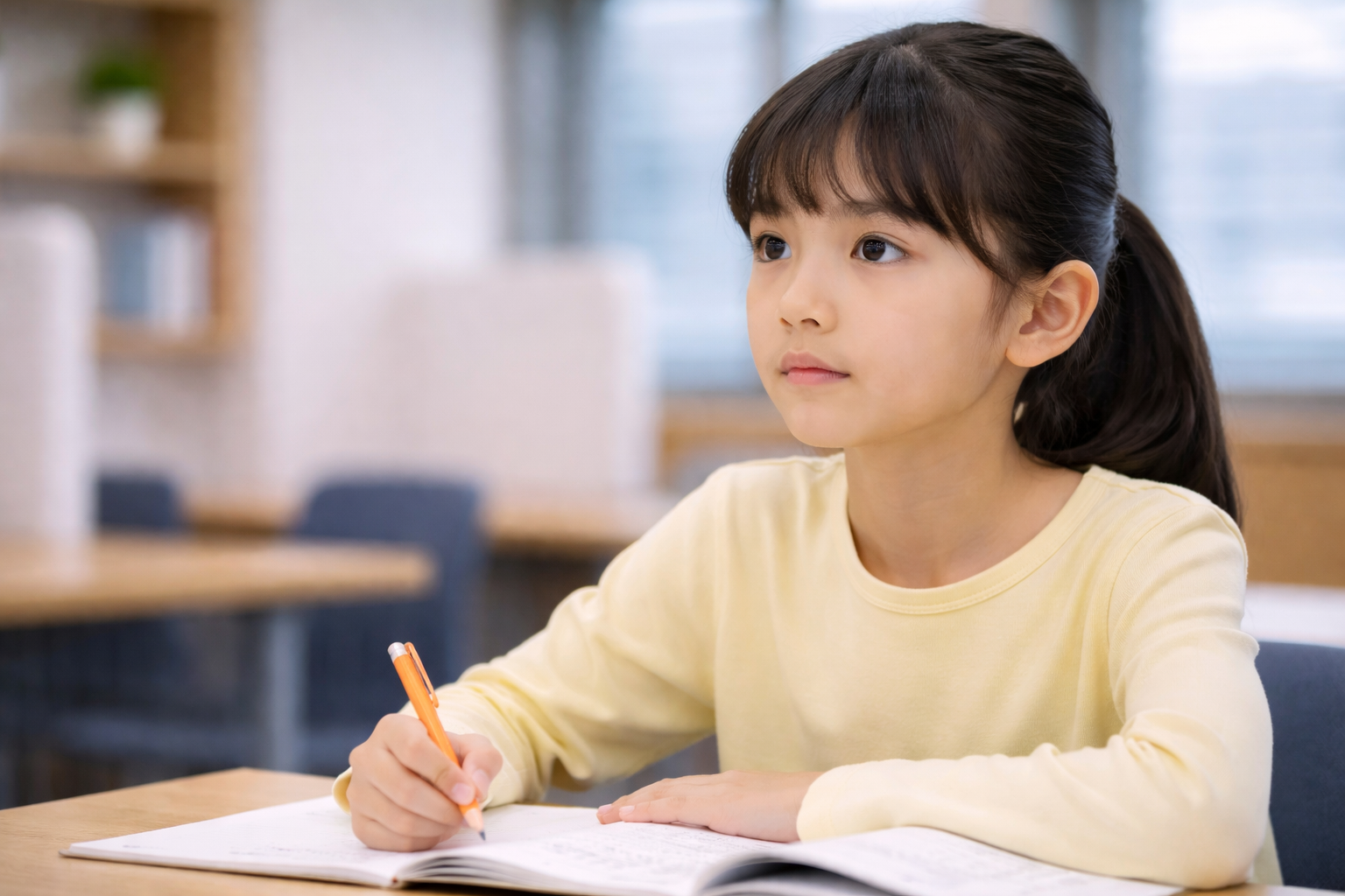 落ち着いた教室で学ぶ様子